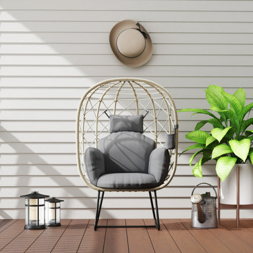 UK Local Outsunny Rattan Egg Chair Outdoor Indoor Wicker Chair With Thickened Cushion And Headrest, Standing Garden Egg Chair With Cup Holder, Metal Frame For Patio, Balcony, Grey