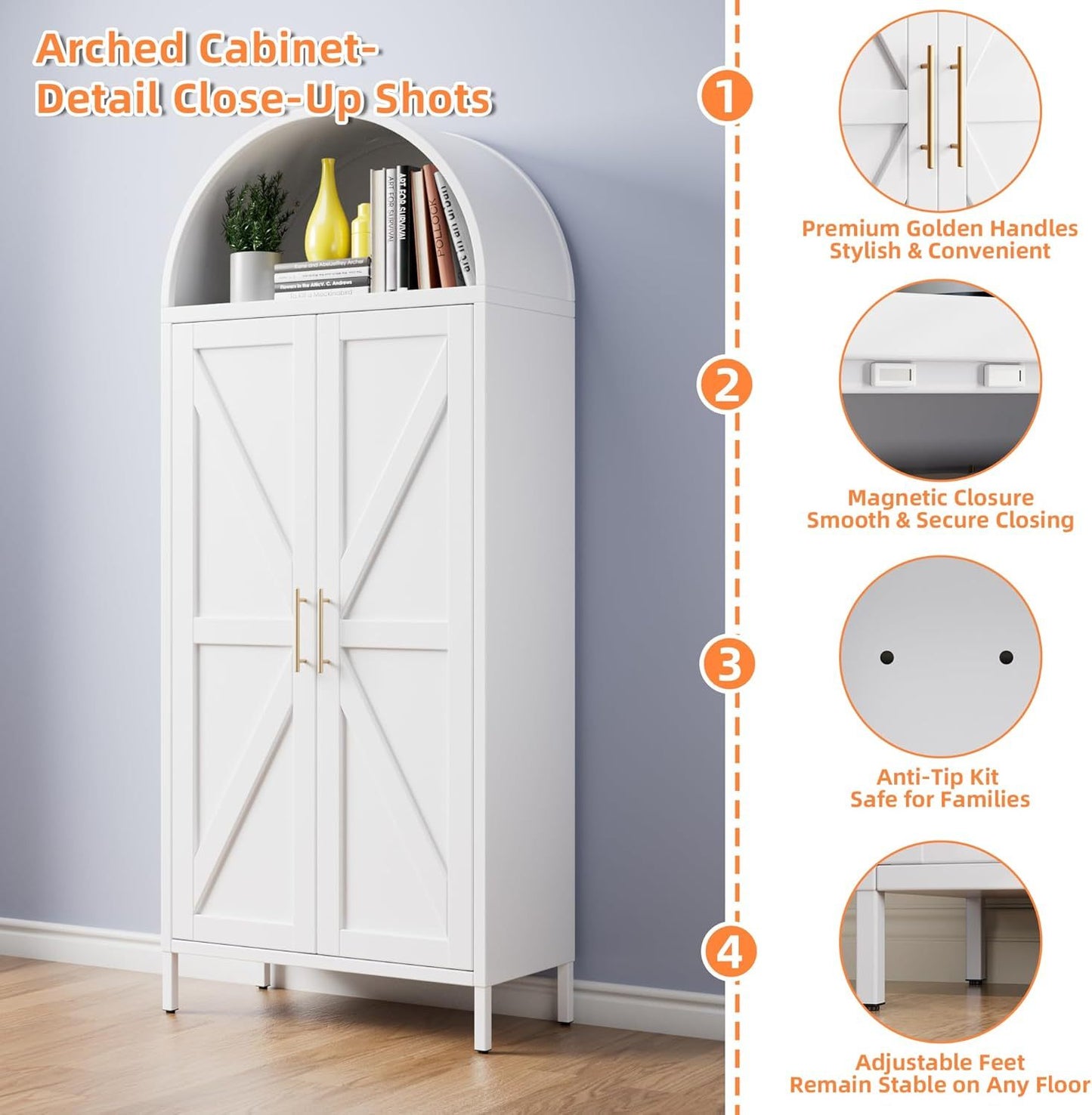 US Local White Kitchen Pantry Cabinet, Arched Storage Cabinet With Doors And Adjustable Shelves, Tall Freestanding Cupboard For Laundry, Dining Room, Living Room, Bathroom