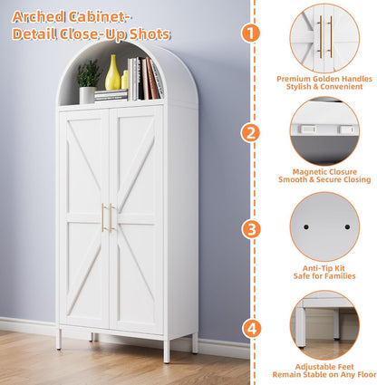 US Local White Kitchen Pantry Cabinet, Arched Storage Cabinet With Doors And Adjustable Shelves, Tall Freestanding Cupboard For Laundry, Dining Room, Living Room, Bathroom