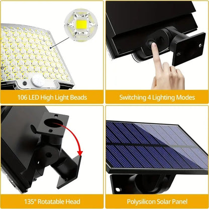 US Local 2PCS Solar Lights Outdooor  4 Modes 106LED Solar Security Lights  Waterproof Solar Motion Light