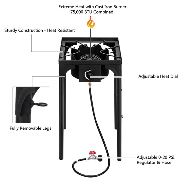 US Local Outdoor Camp Stove High Pressure Propane Gas Cooker Portable Cast Iron Patio Cooking Burner Single Burner 75000-BTU