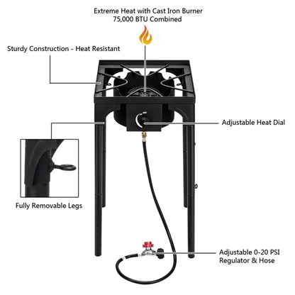 US Local Outdoor Camp Stove High Pressure Propane Gas Cooker Portable Cast Iron Patio Cooking Burner Single Burner 75000-BTU