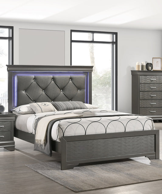 US Local Dark Gray Faux Leather Tufted Headboard 1pc Queen Size Bed W LED Bedroom Furniture Gray Unique Texture FB Solid Wood