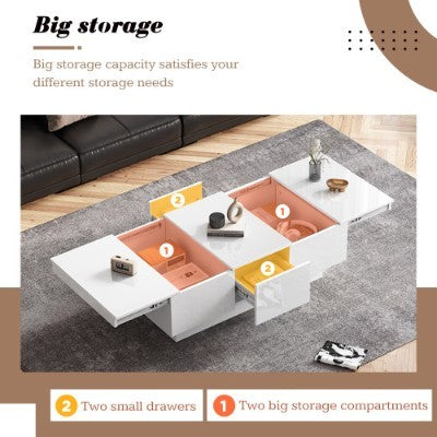 UK Local Coffee Table For Living Room, Modern Side Table Wooden Centre Table, White High Gloss Coffee Tea Tables With 2 Drawers And 2 Big Storage Space For Home Office Furniture