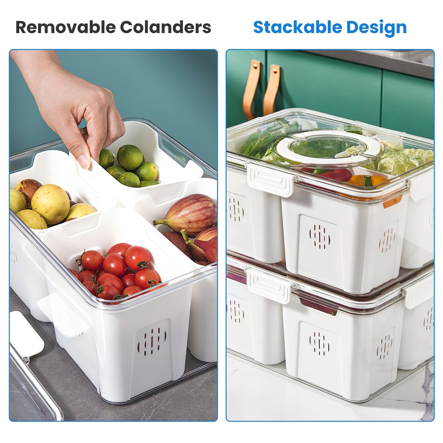 US Local 2Pack Airtight Fruit Storage Containers 4 Compartment Food Storage Containers Fruit Vegetable Organizers With 8 Removable Colanders For Fridge Picnic