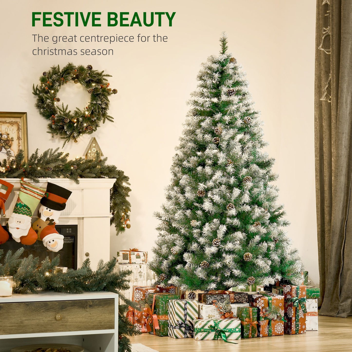 6ft Snow Flocked Artificial Christmas Tree, Unlit Full Fir Tree With Automatic Open, 800 Realistic Branches And 61 Pine Cones