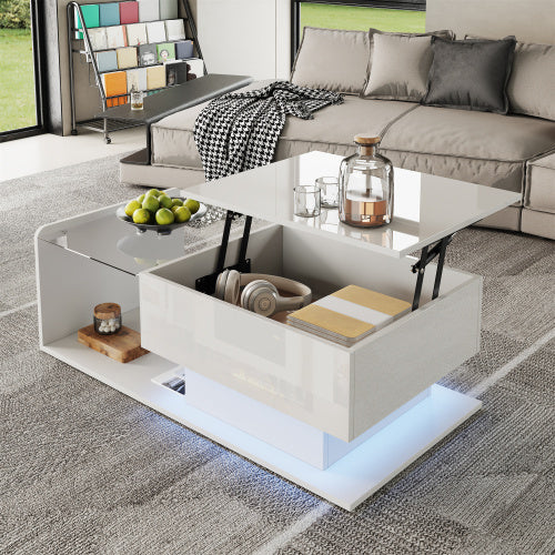 UK Local Coffee Table, High-Gloss White, Side Table, Coffee Table With Glass And LED Effect, With Glass Top