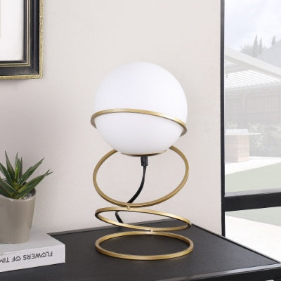 US Local 13.5 H Glass Globe Matte Gold Spiral 4 Ring Metal Stand Table Lamp For Living Room, Nightstand Bedside Table Lamp For Bedroom, LED Lamp