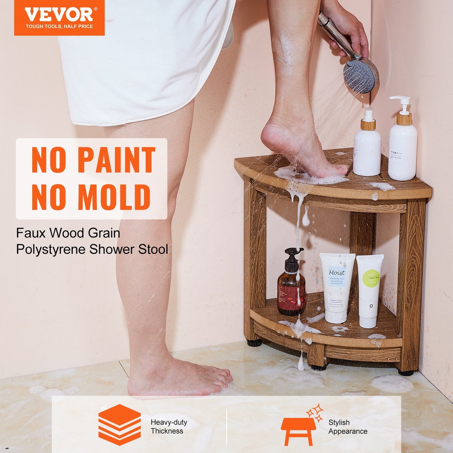 US Local VEVOR Corner Shower Bench, Faux Wood Grain Polystyrene, 350 LBS With Storage Shelf, Water Resistant, Shower Stool For Inside & Outside Shower, For Bathroom, Living Room