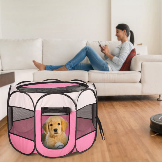 US Local Pink-Blue Options -- 1Pc Portable Foldable Pet Tent Exercise Pen Kennel Removable Zipper Top And Bottom Water Resistant Indoor Outdoor Use For Dogs Cats Other Pets