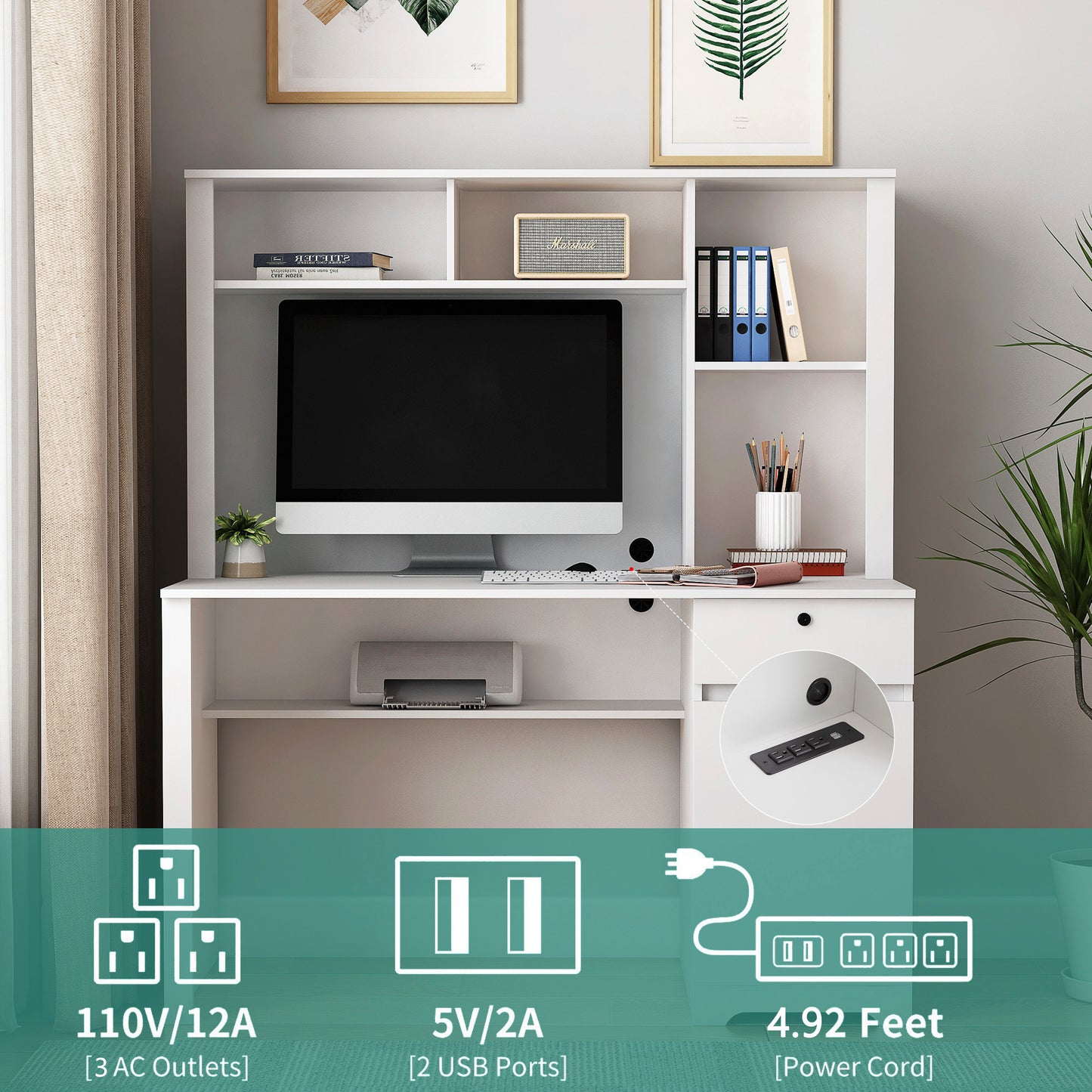 US Local Computer Desk With Hutch & Bookshelf,Wood Executive Desk Teens Student Desk Writing Laptop Home Office Desk With Drawers,3 AC Outlets And 2 USB Charging Ports,Study Laptop Table For Home