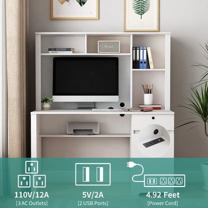 US Local Computer Desk With Hutch & Bookshelf,Wood Executive Desk Teens Student Desk Writing Laptop Home Office Desk With Drawers,3 AC Outlets And 2 USB Charging Ports,Study Laptop Table For Home