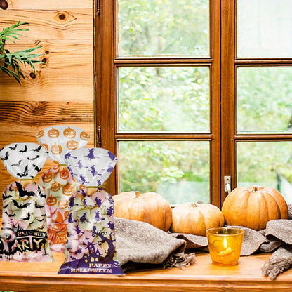 US Local 200 Pcs Halloween Gift Wrapping Bags With Twist Ties 5.1 X 10.8 Inch Cellophane Witch Bat Printing Flat Bag OPP Halloween Pumpkin Treat Packaging Bags For Party Favors Halloween Decoration