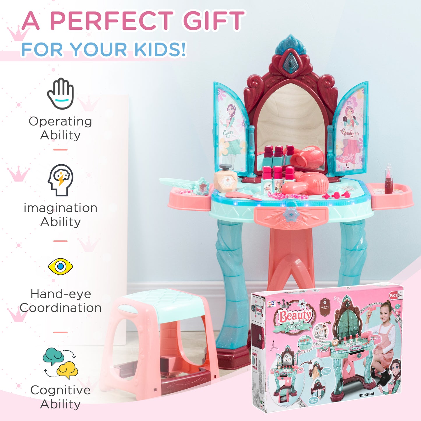 US Local Kids Vanity Set with Self-Opening Magic Mirror