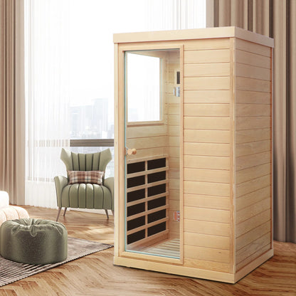 US Local Hemlock Mini One Person Far Infrared Door On The Left Of The Indoor Sauna Room