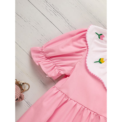 US Local Toddler Baby Girl Spring Tulip Smocked Short Sleeve Dress With Lovely Tulip Embroidery Princess Dresses
