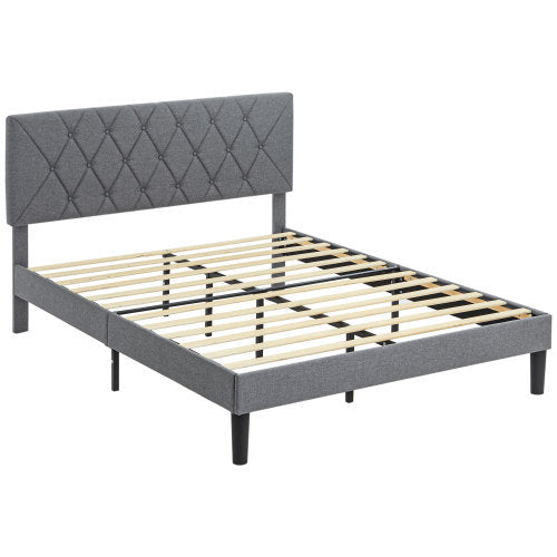 UK Local HOMCOM Double Bed Frame With 5-Level Adjustable Linen Upholstered Headboard, Wooden Slats Mattress Foundation, No Box Spring Needed, Grey