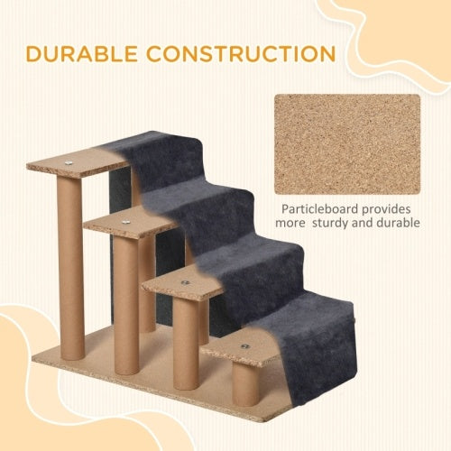 UK Local PawHut Four-Step Dog Stairs, With Washable Plush Cover, For High Bed Sofa, Dog Stairs For Small Dog And Cat - Dark Grey