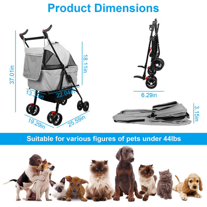 US Local 1Pc 4-Wheels Pet Stroller Foldable Carrier Strolling Cart Travel Jogger Pet Stroller With Removable Liner Storage Basket For Dog Cat