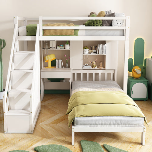 UK Local Wood House Bunk Bed 90x190 Cm,Bunk Bed, Double Bed, Multifunctional Children's Bed, Storage Space Function, With Desk And Shelves, With Slatted Frame, White