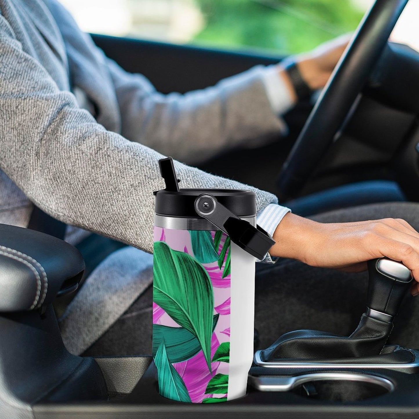 POD US Local Tumbler 30oz Large Capacity Car Cup Tropical, Monstera, Pink Background Style