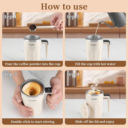 US Local Mocha 12 Oz With Temperature Display Rechargeable Automatic Stirring Coffee Cup With Lid Suitable For Coffee Milk And Other Drinks White