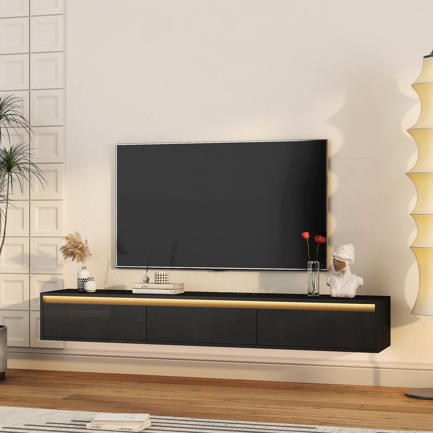 US Local Floating TV Stand, Wall Mounted TV Shelf With Led Lights & Power Outlet,High Gloss TV Cabinet For Black Tv Stands For Living Room