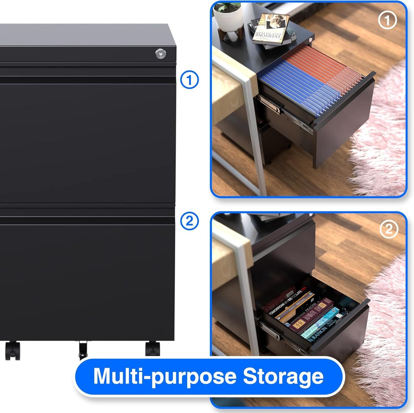 US Local 2 Drawer Vertical File Cabinet With Lock, Mobile Metal Filing Cabinet For Legal Letter Size, Office Storage File Cabinet Under Desk, Fully Assembled Except Wheels, Black