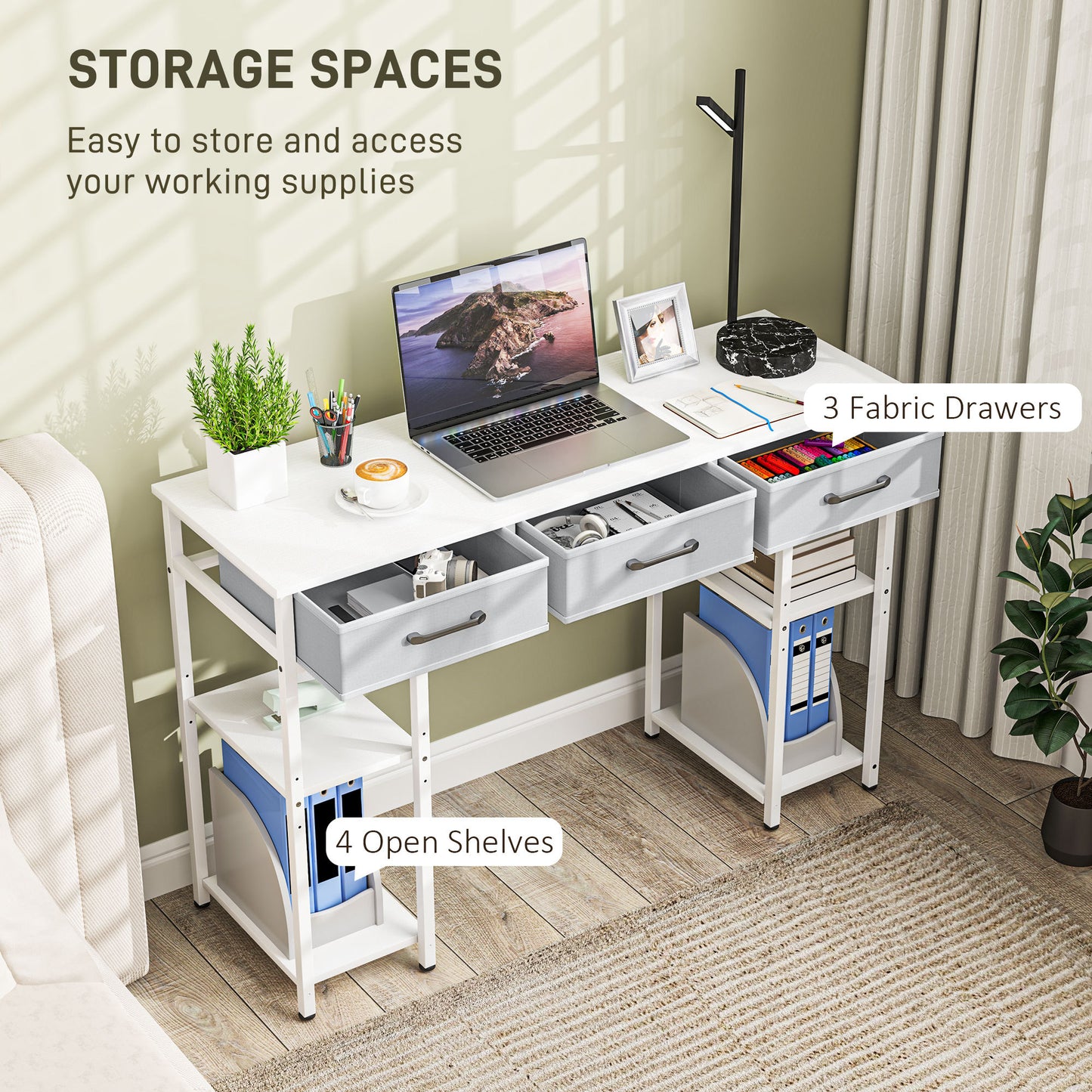 US Local 47 Small Computer Desk, Writing Desk With Fabric Drawers, Home Office Desk With Adjustable Shelves, White