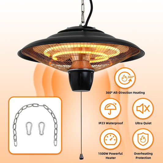 US Local 1Pc 1500W Outdoor Hanging Patio Heater Ultra-Quiet Electric Heating Lamp IP23 Waterproof 2 Heating Levels Overheating Protection Ceiling Mounted Outdoor Heater