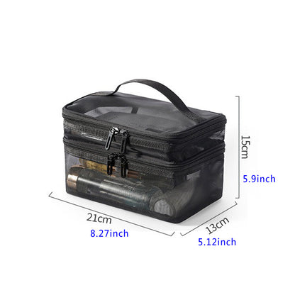 US Local 2pcs Double Layer Mesh Yarn Toiletry Bag Portable Travel Cosmetic Storage Bag In Black And Grey For Business Trips Large Capacity Travel Cosmetic Storage Bag