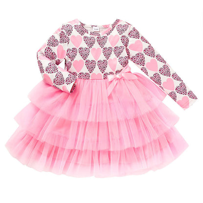 US Local Toddler Girls Outfits Long Sleeve Graphic Heart Print Mesh Tulle Dress Valentine Birthday Party Dresses