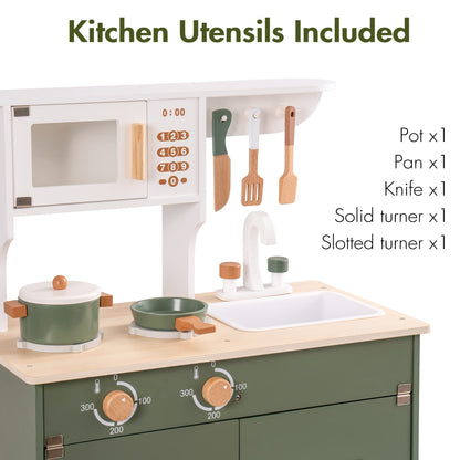 US Local ROBUD Green Wooden Kitchen Toy Set With Accessories Chef Pretend Playset For Kid
