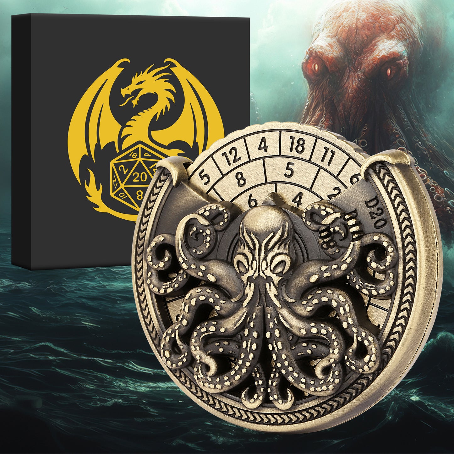 US Local Vintage Kesulu Style, Super Refined Metal Octopus Dice Turntable Gift Box, Immersive Board Game Experience, D20 Random Surprise, Necessary Props For D&D Team