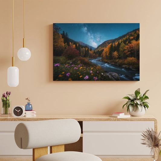 POD US Local Decor Interior Frame Painting Horizontal, Mountain river starry autumn