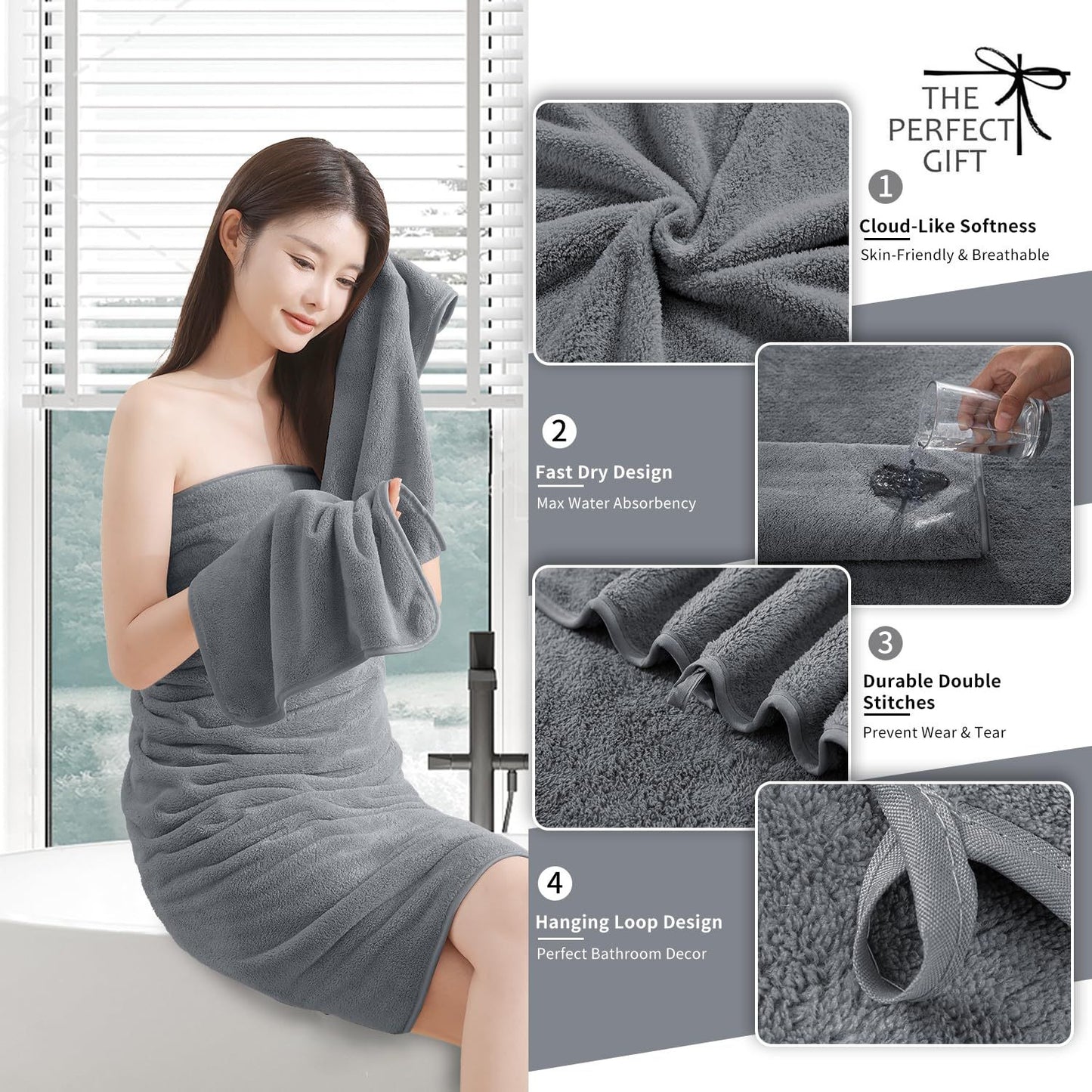 UK Local Coral Fleece Bath Towels Pack Of 3 Gray
