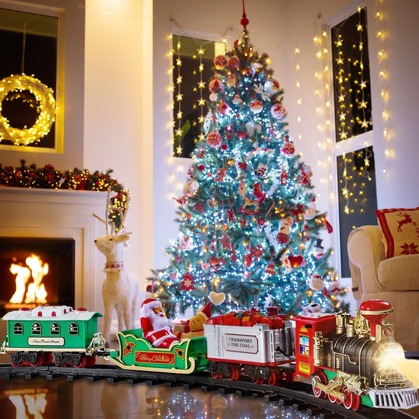 US Local Electric Train Set Kid Toy Xmas Steam Train Kit Tree Surround Track Battery Operated With Sound Light Santa Claus Christmas Gift