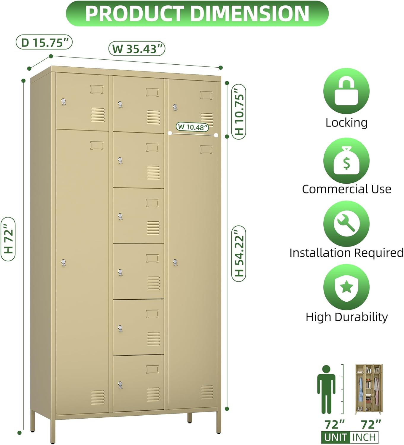 US Local Metal Storage Lockers With 10 Doors And Rod,Industrial Combination Employees Lockers With 2 Big And 8 Small Doors For Home Gym,School,Office,Assembly Required,Camel
