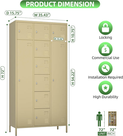 US Local Metal Storage Lockers With 10 Doors And Rod,Industrial Combination Employees Lockers With 2 Big And 8 Small Doors For Home Gym,School,Office,Assembly Required,Camel