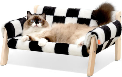 US Local MEWOOFUN Raised Cat Bed With Wooden Legs - Sturdy Cat Sofa Holds 15kg, 56x45cm Soft Checkerboard Couch With Removable Washable Cover For Indoor Cats & Kittens