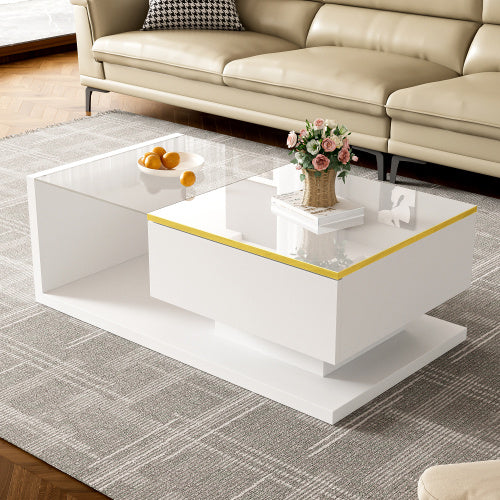UK Local 90 Cm Long Coffee Table, High-Gloss White. Side Tables, Coffee Tables With Glass And LED Effect