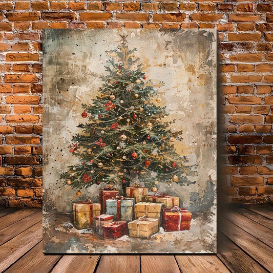 US Local A Canvas Oil Painting With A Wooden Frame, Depicting A Vintage Christmas Tree With Gifts Under It Decorating The Living Room.