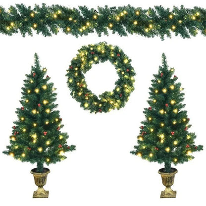 US Local 4 Pieces Christmas Decoration Set With Garland Wreath And Entrance Trees