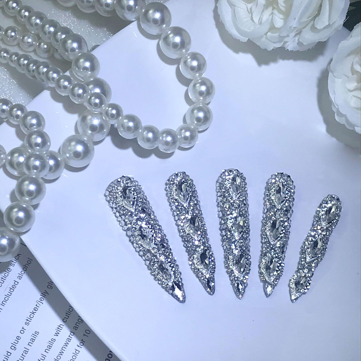 US Local GGddsha Queen Of Haute Style Full Diamond Long AlmondPress On Nails PMMA Acrylic Handmade Nails Full Deluxe 3DCrystal Fake Nails,Glacial Empress