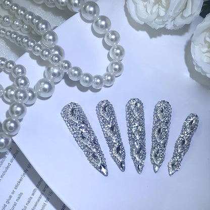 US Local GGddsha Queen Of Haute Style Full Diamond Long AlmondPress On Nails PMMA Acrylic Handmade Nails Full Deluxe 3DCrystal Fake Nails,Glacial Empress