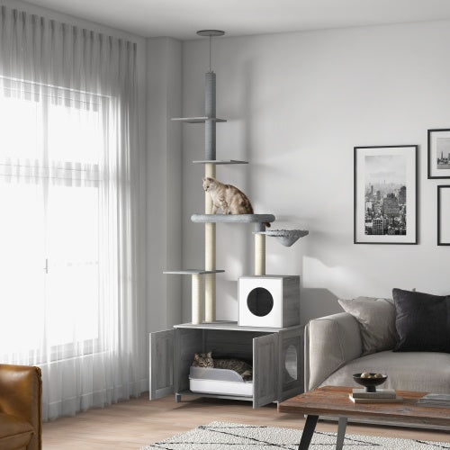 US Local PawHut Cat Tree With Litter Box Enclosure, 2 In 1 Floor To Ceiling Cat Tower Litter Box Furniture With Condo, Bed, Hammock, Scratching Posts, And Platforms For Indoor Use, Gray