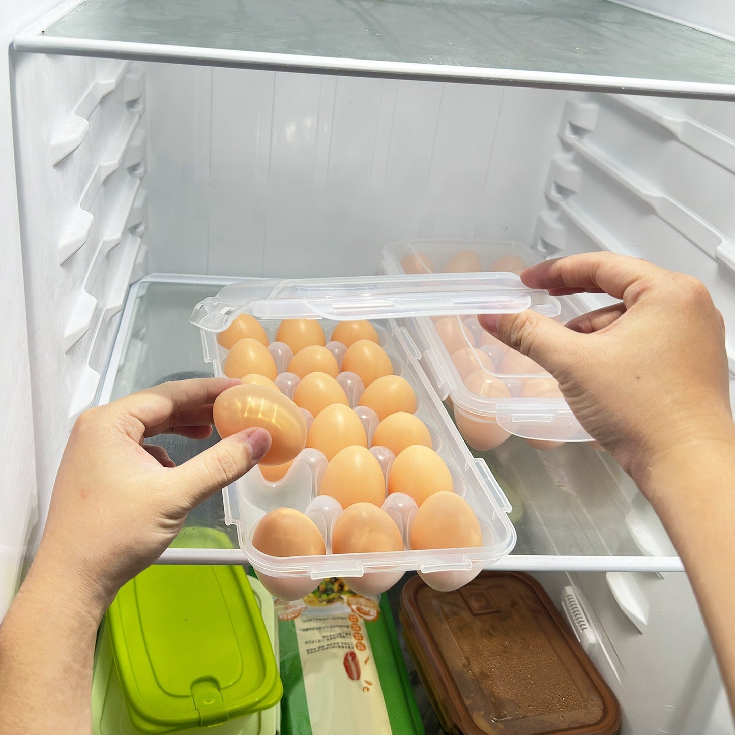 US Local 2Pcs Plastic Egg Holder Stackable Egg Storage Box Egg Rack For Refrigerator 18 Cavity Per Container Dishwasher Safe