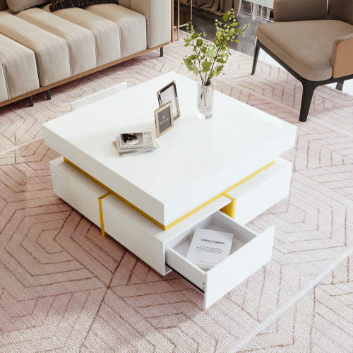 UK Local Coffee Table, High-Gloss Living Room Table, Side Table With Drawers And Gold Accents