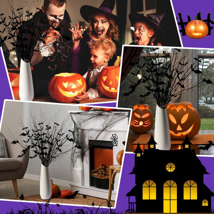 US Local Curly Willow Branches 29.5 Inch Artificial Bendable Stems Black Branches With 36Pcs Halloween Bat Stickers For Halloween Wreath Home Party Decorations