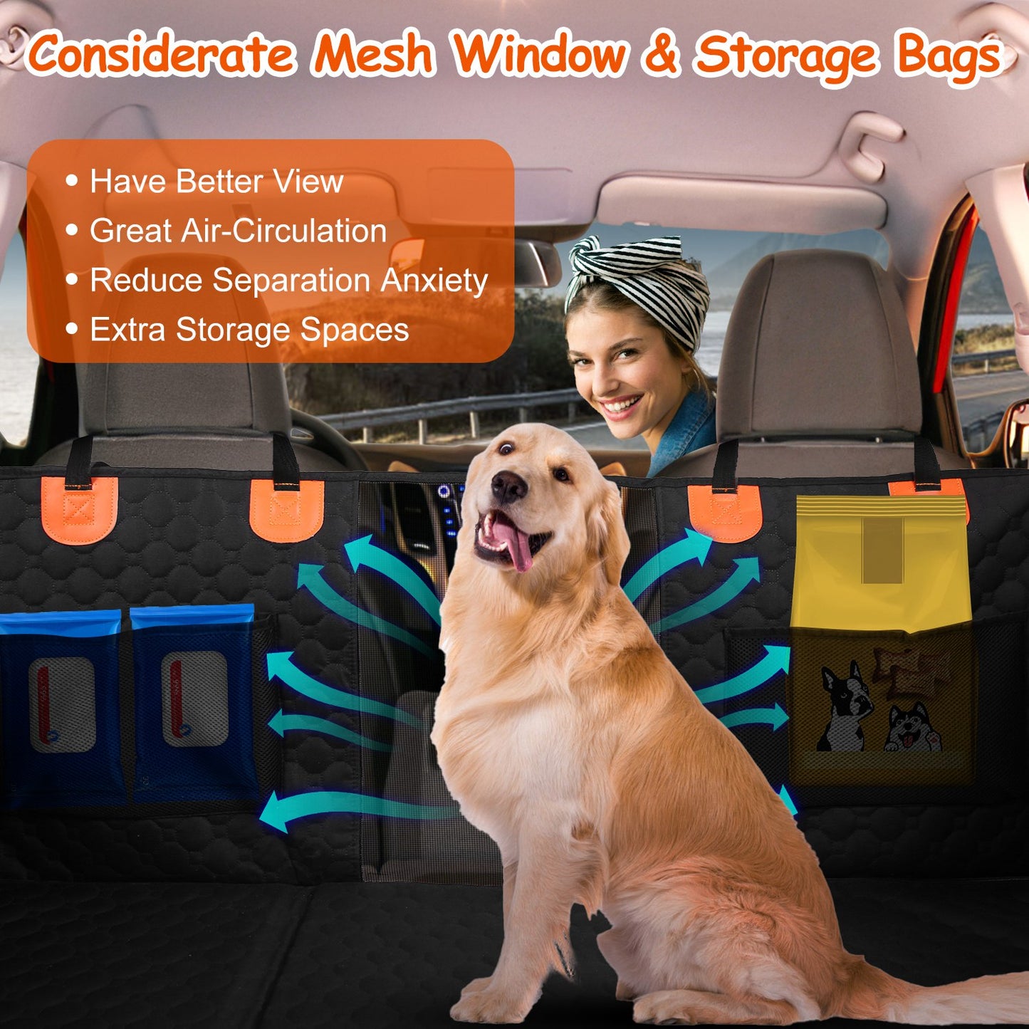 US Local Dog Car Back Seat Cover With Zipper Mesh Window Storage Bags Waterproof 600D Oxford Cloth Car Seat Protector With Slide Flaps For Cars Trucks SUVs